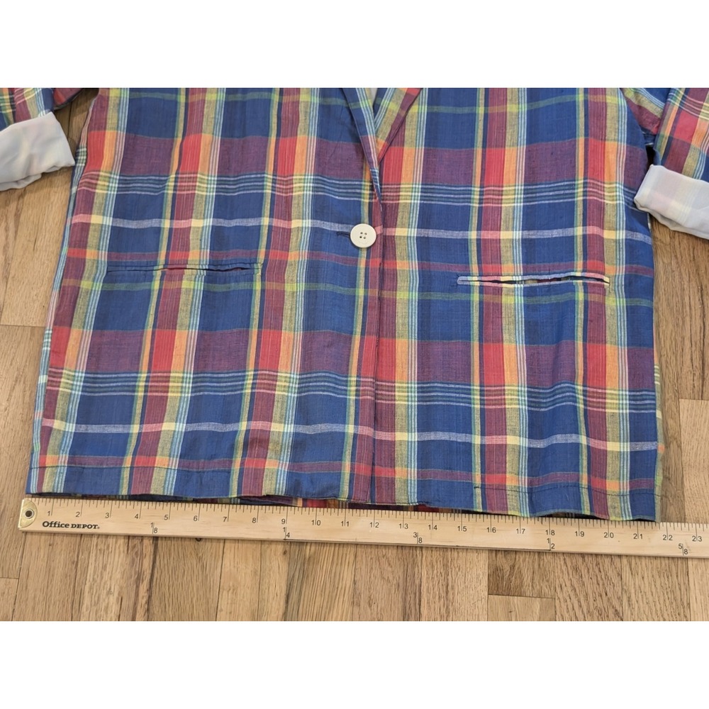 Adolfo Blazer Womens Large Plaid Preppy Oversized Blue Yellow Work Office - Picture 5 of 10